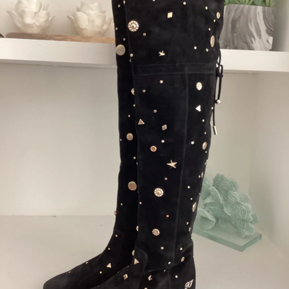 REDUCED ROGER VIVIER Embellished Studded Accent Black Suede OTK Boots Size 37 7
